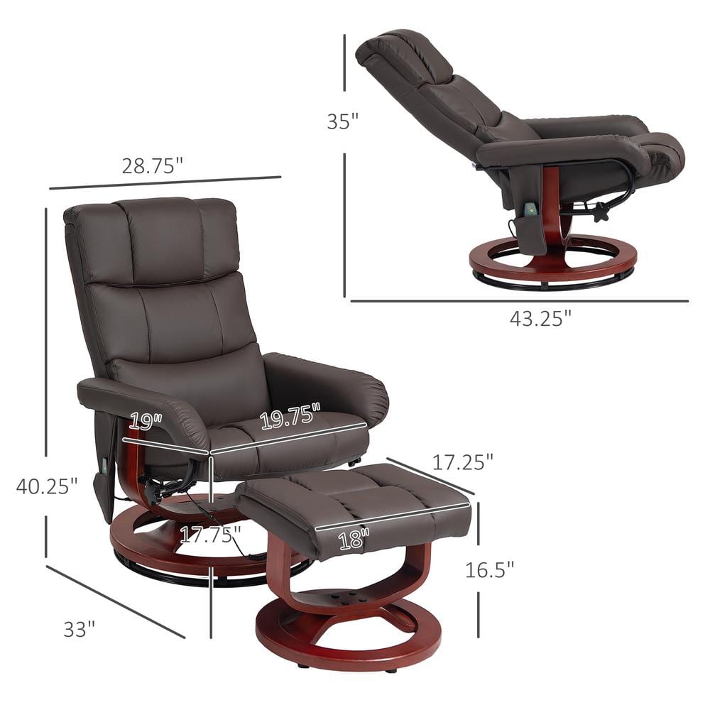 Brown Faux Leather Swivel Massage Recliner with Ottoman