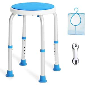 12.4 in. Aluminum Round Shower Chair Stool with Adjustable Height, Assist Grab Bar and Toiletry Bag in Blue