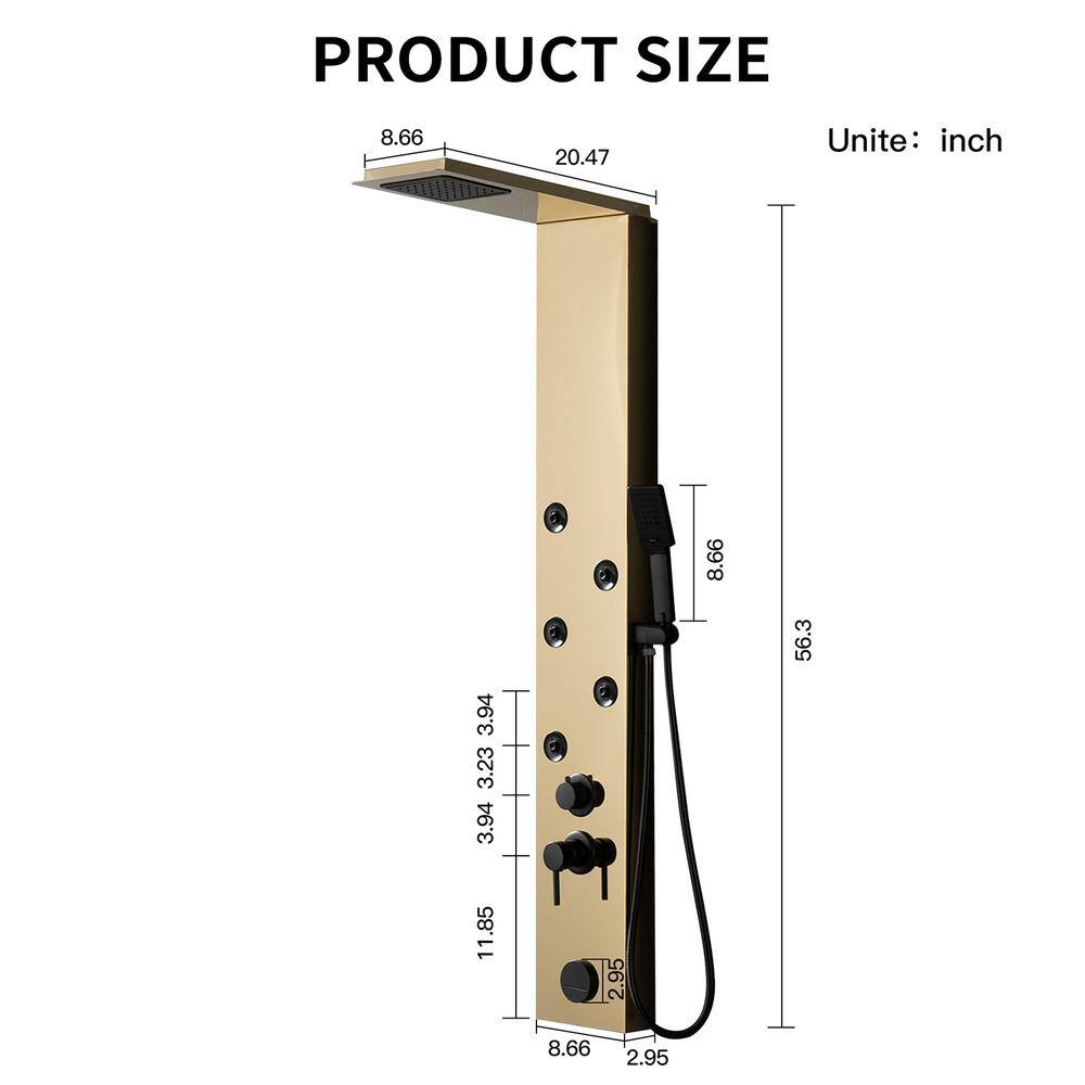 Gold Brushed 4-Jet Rainfall Shower Panel System with Handheld Wand