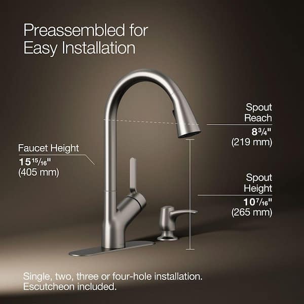 KOHLER Cardale Ausziehbare Küchenarmatur – Edelstahl, 1 Griff, Mit Seifenspender & Sweep-Sprühfunktion
