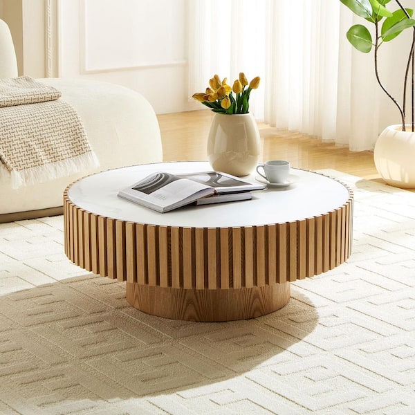 Grace Modern 35.43 in. Oak Round Drum Sintered Stone Top Coffee Table