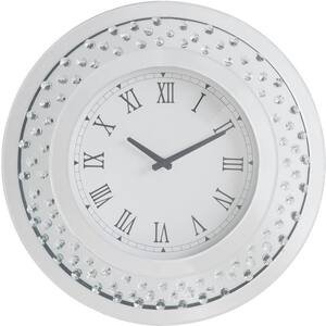 Transparent Round Wood Roman Wall Clock in Mirrored and Faux Crystals