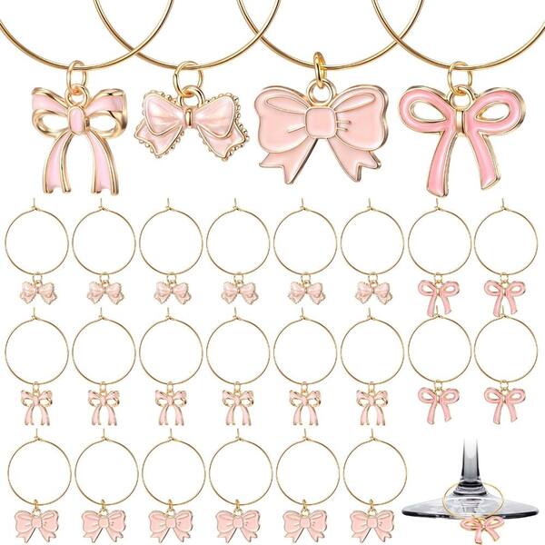 24 Pcs Pink Bow Wine Glass Charms Alloy Drink Markers with Silver Rings Stemware Identifier Tags Party