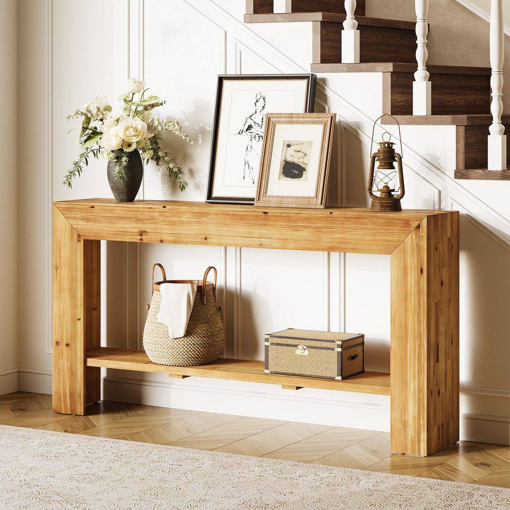 Turrella 63 in. Brown Rectangle 2-Tier Solid Wood Console Table for Entryway, Living Room