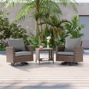 3-Piece Brown Wicker Patio Bistro Set Swivel Rocking Chairs for Outdoor Occasions of Lawn, Gray