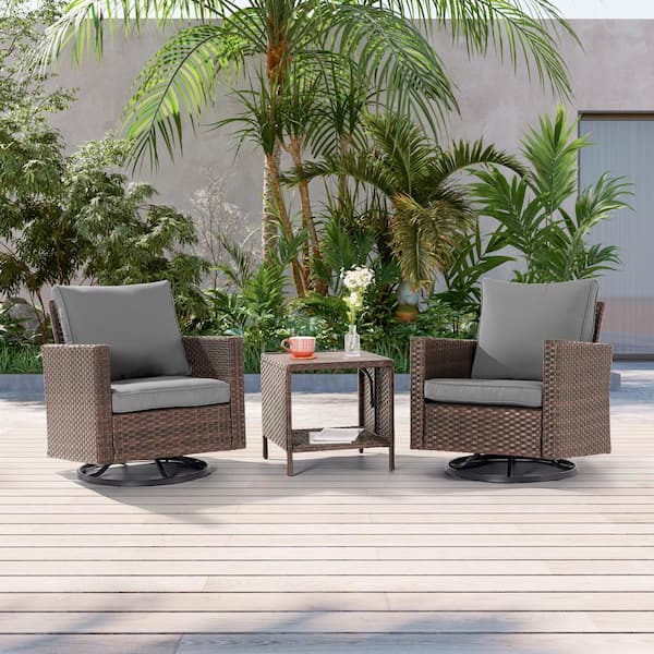 JOYESERY 3-Piece Brown Wicker Patio Bistro Set Swivel Rocking Chairs for Outdoor Occasions of Lawn, Gray