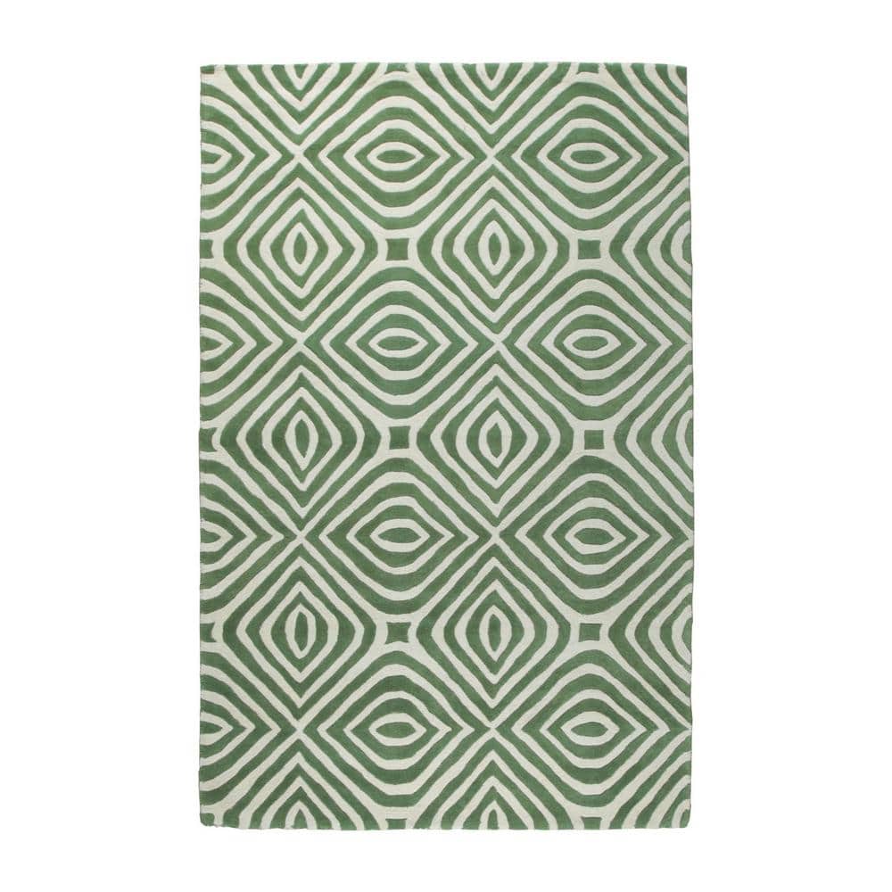 Hand-Tufted Green and White Wool Rectangular Area Rug, 5' x 8'