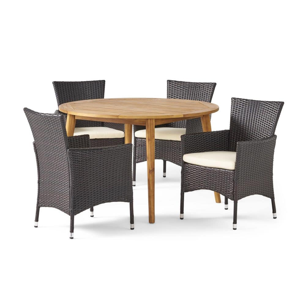 Biella Multi-Brown 5-Piece Wood and Faux Rattan Outdoor Dining Set with Beige Cushions -  Noble House, 42959