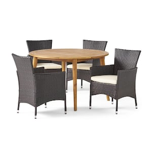 Biella Multi-Brown 5-Piece Wood and Faux Rattan Outdoor Dining Set with Beige Cushions