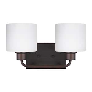 Canfield 14.25 in. 2-Light Burnt Sienna Minimalist Modern Wall Bathroom Vanity Light with Etched White Glass Shades