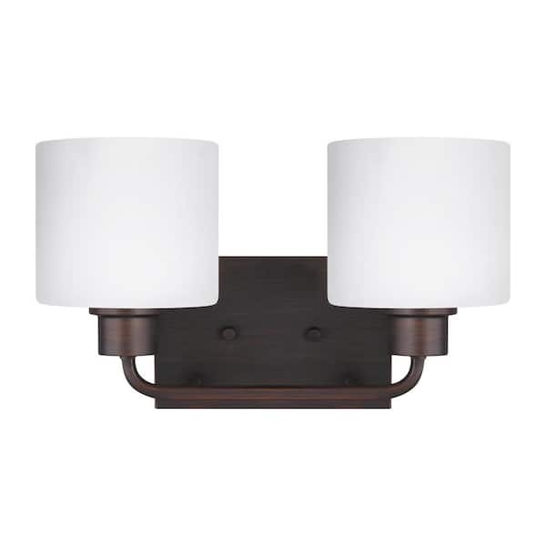 Generation Lighting Canfield 14.25 in. 2-Light Burnt Sienna Minimalist Modern Wall Bathroom Vanity Light with Etched White Glass Shades