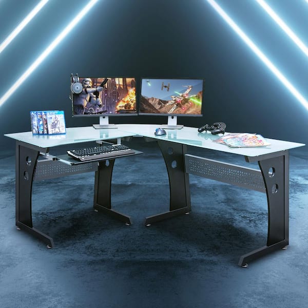 TECHNI MOBILI 65 in. L-Shaped Graphite/Frosted Computer Desk with Keyboard Tray