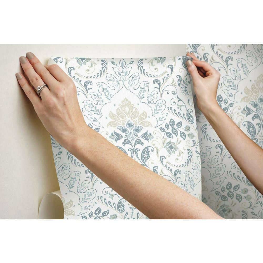White and Blue Vinyl Damask Peel and Stick Wallpaper Roll