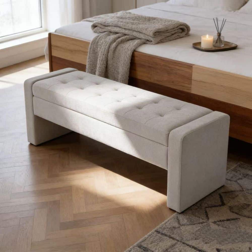 Nora White Polyester Upholstered Storage Ottoman with Tufted Seat and Soft Close Hinge