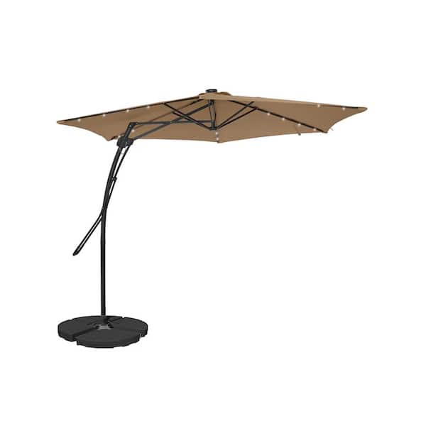 Mondawe 10 ft. Hexagon Tan Offset Patio Umbrella with Solar Lights and 4-Piece Umbrella Base