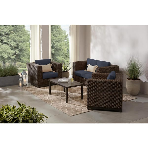 Hampton Bay Fernlake 4-Piece Brown Wicker Outdoor Patio Deep Seating Set with CushionGuard Sky Blue Cushions