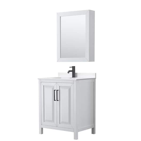 Wyndham Collection Daria 30 in. W x 22 in. D x 35.75 in. H Single Bath Vanity in White with White Quartz Top and Mirror