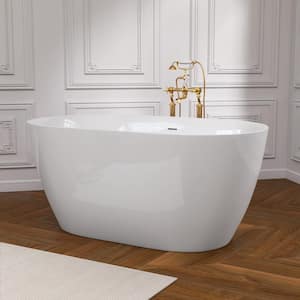 51 in. x 27.5 in. Oval Acrylic Free Standing Flatbottom Soaking Bathtub in White with Overflow and Drain