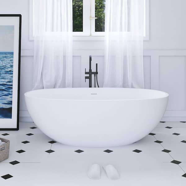 65 in. x 30 in. Stone Resin Freestanding Flatbottom Soaking Bathtub in Matte White