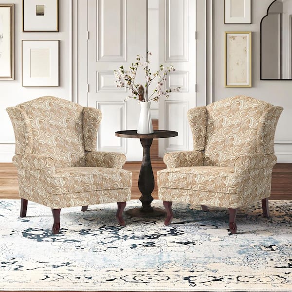 Uixe Paisley Sand Linen Wood Legs Upholstered Accent Arm Chair