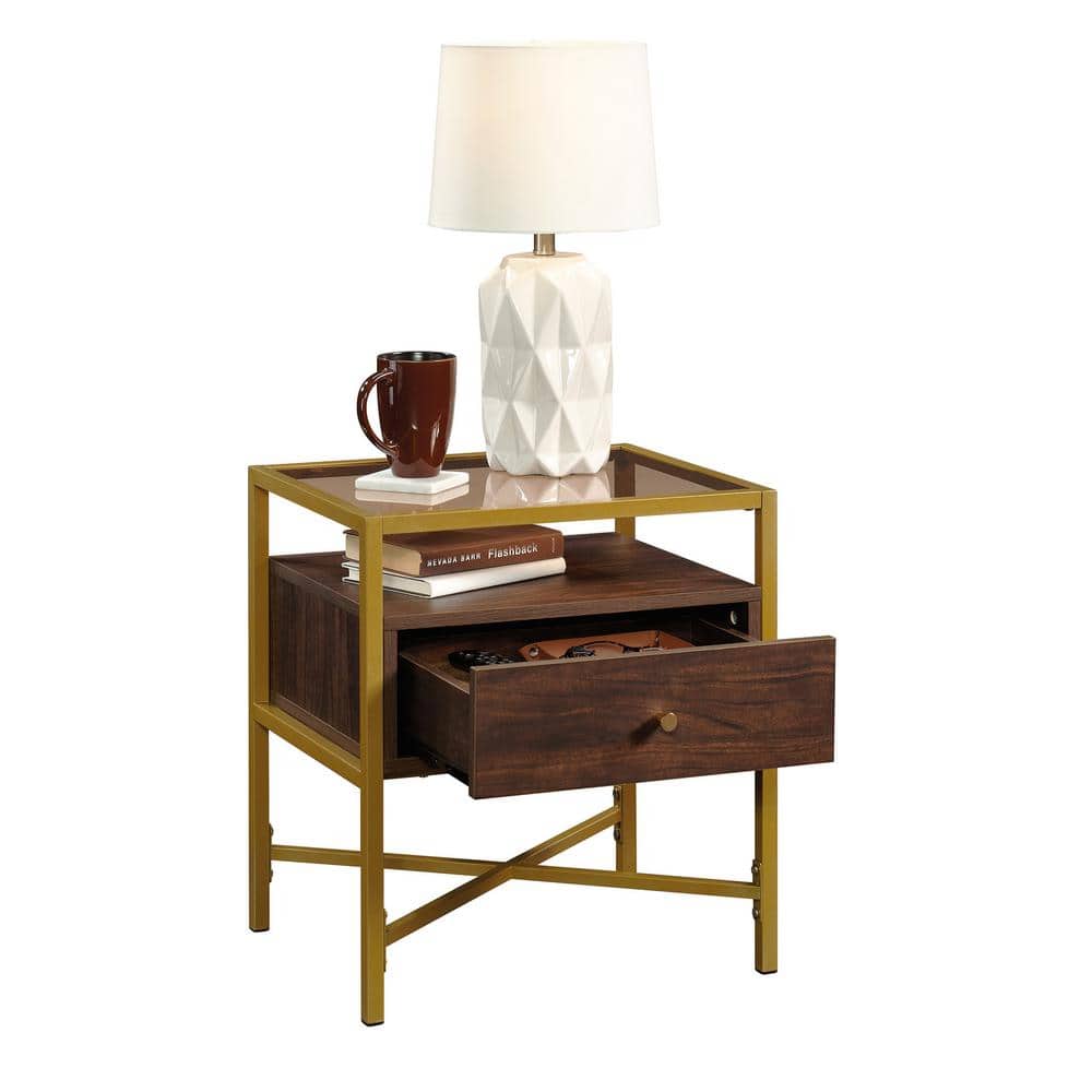 Harper Heights Luxe Walnut Side Table with Glass Top and Storage