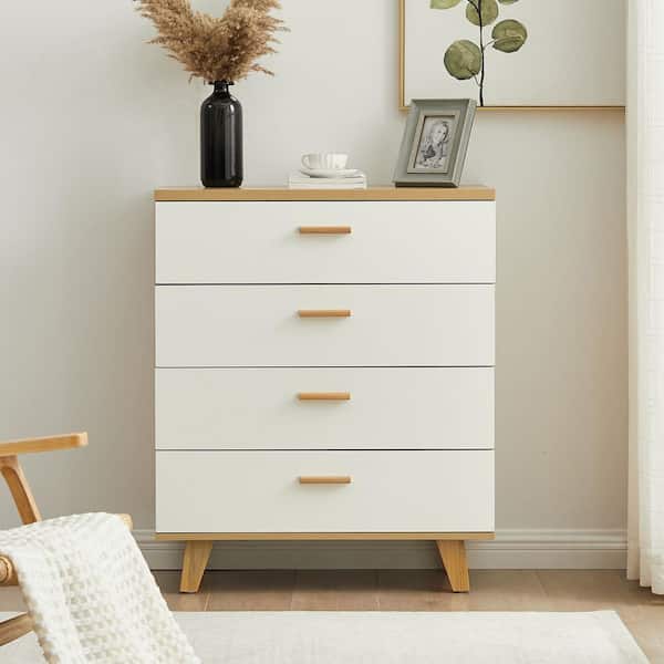 J&E Home 4-Drawer White Chest of Drawers with Solid Wood Handles and Foot Stand