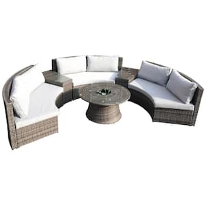 6-Piece Half Moon Grey Wicker Outdoor Sectional Set with Grey Cushions