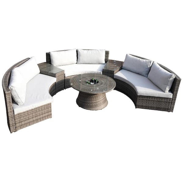 DIRECT WICKER 6-Piece Half Moon Grey Wicker Outdoor Sectional Set with Grey Cushions