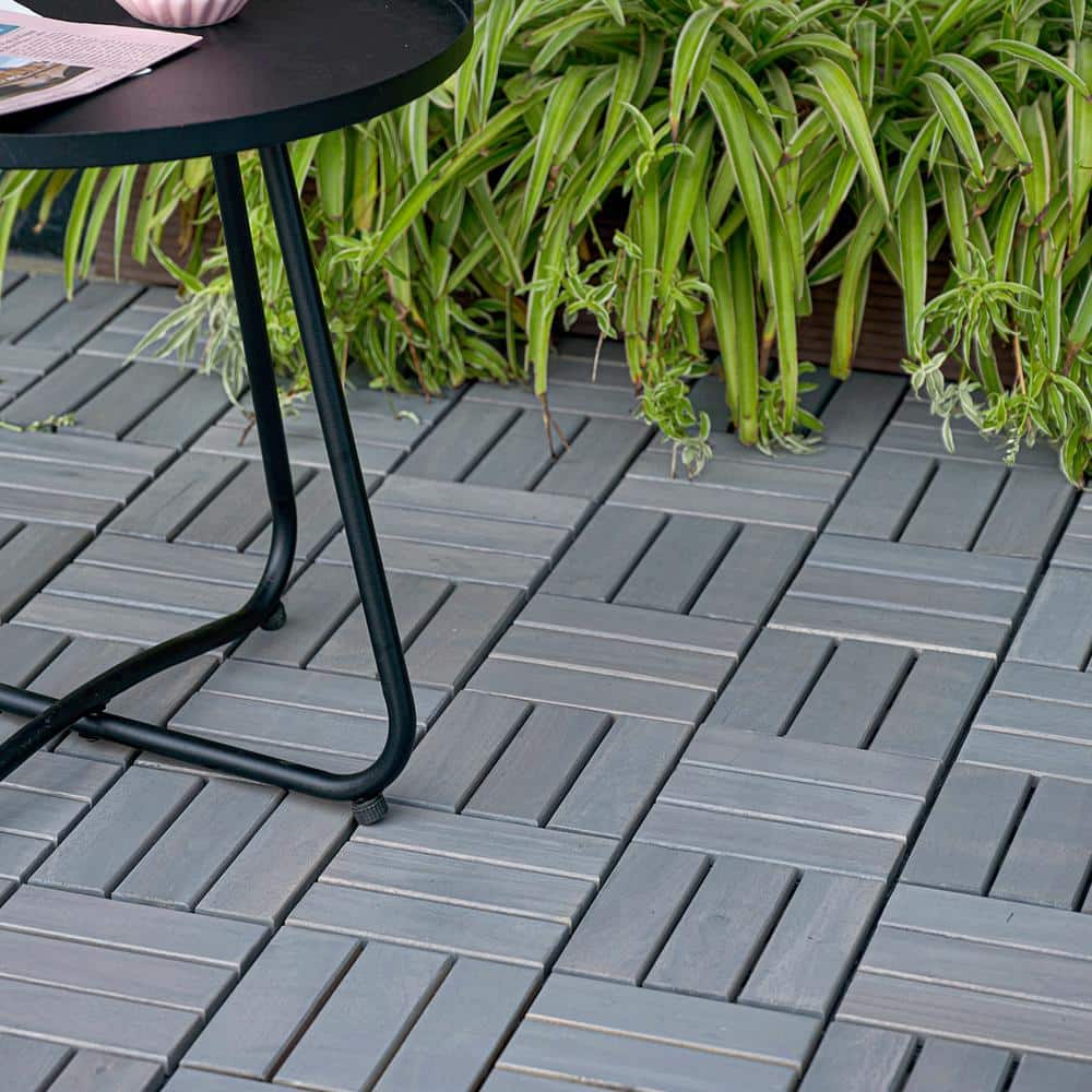 GOGEXX 12 in.x12 in.Gray Square Acacia Wood Interlocking Flooring Deck Tiles Checker Pattern