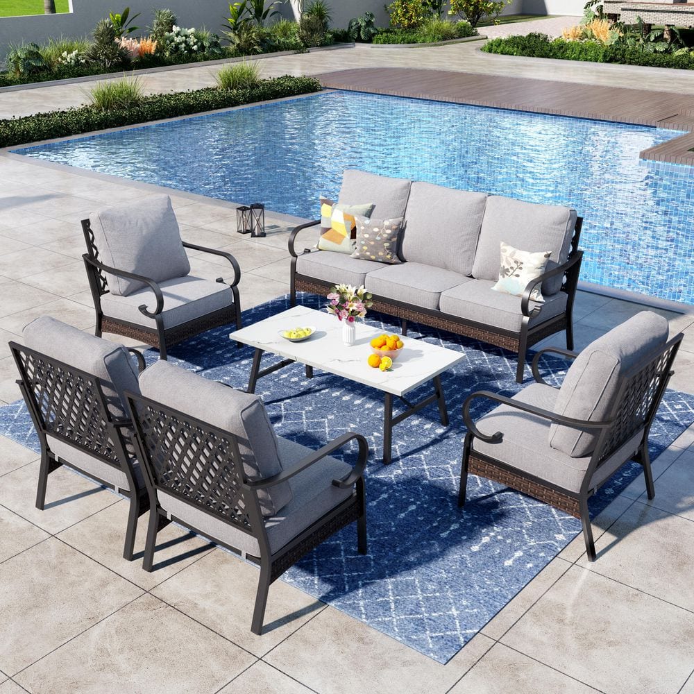 6-Piece Black Metal 7 Seats Outdoor Conversation Set with Fixed Chairs, Marbling Coffee Table and Light Gray Cushions price history on PriceWatchPro