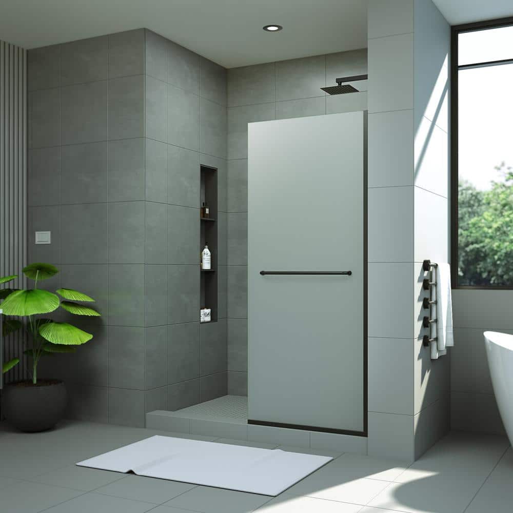 Matte Black Frameless Frosted Tempered Glass Shower Screen with Towel Bar