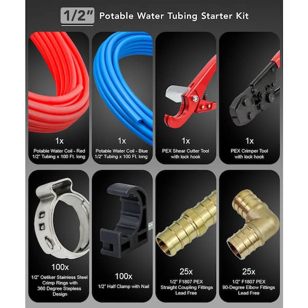 1/2 in. x 100 ft. PEX Tubing Oxygen Barrier Pipe and Tubing, with Crimper, Cutter Tools, Barb Elbow, Straight Coupling 1/2 in. x 100 ft. PEX Tubing Oxygen Barrier Pipe and Tubing, with Crimper, Cutter Tools, Barb Elbow, Straight Coupling