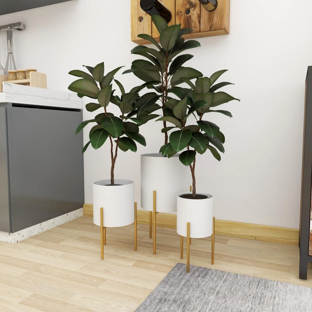 White and Gold Metal Cylinder Floor Planter Set of 3
