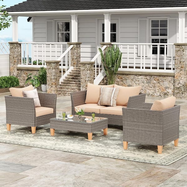 PexFix Outdoor Patio Furniture Set with Coffee Table, Loveseat & 2 Single Chairs in Stain-Resistant Fabric with Beige Cusions