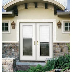 72 in. x 80 in. Primed Steel Right-Hand Inswing Full Lite Glass Stationary/Active Patio Door w/Blinds
