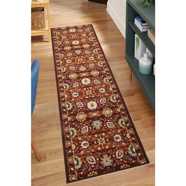 Rubber Collection Flower Burgundy 26 in. W x 12 in. L Stair Runner 2.17 sq. ft.