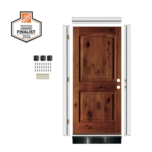 DIY RTA Kit 32 in. x 80 in. Knotty Alder 2-Panel Left-Hand Top Arch Red Chestnut Stain Wood Ready To Assemble Front Door