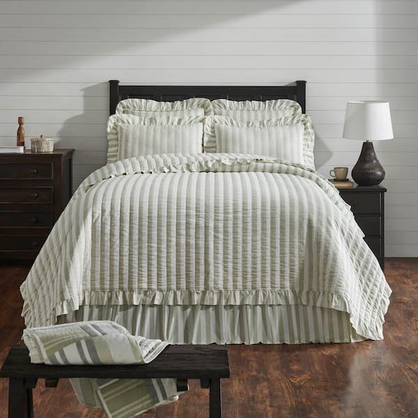 VHC Brands Finders Keepers Soft White Khaki Grey Farmhouse Ruffled California/Luxury King Cotton Quilt