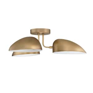 Argo 24 in. 3-Light Retro Modern Light Semi-Flush Mount with Vintaged Brass Rounded Shades for Hallway or Dining Room
