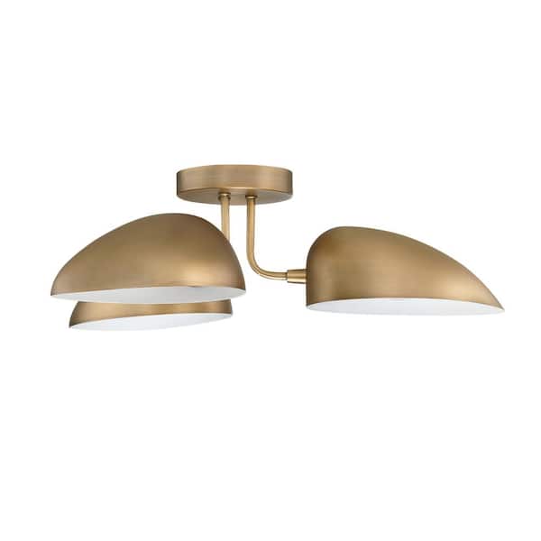 Nathan James Argo 24 in. 3-Light Retro Modern Light Semi-Flush Mount with Vintaged Brass Rounded Shades for Hallway or Dining Room