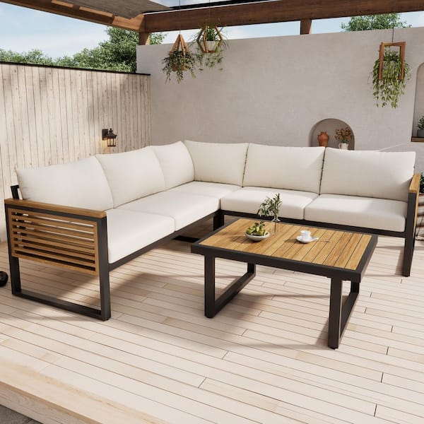 Griffin Outdoor 4-Piece Solid Wood and Metal Patio Conversation Set with Beige Cushions, Coffee Table, Teak+ Black