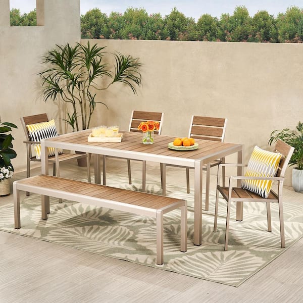 Noble House Cape Coral 30.25 in. Silver 6-Piece Metal Rectangular Outdoor Patio Dining Set