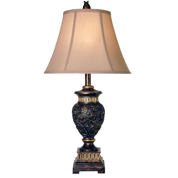 StyleCraft 28.5 in. Dark Brown and Gold Table Lamp with Taupe Fabric Shade