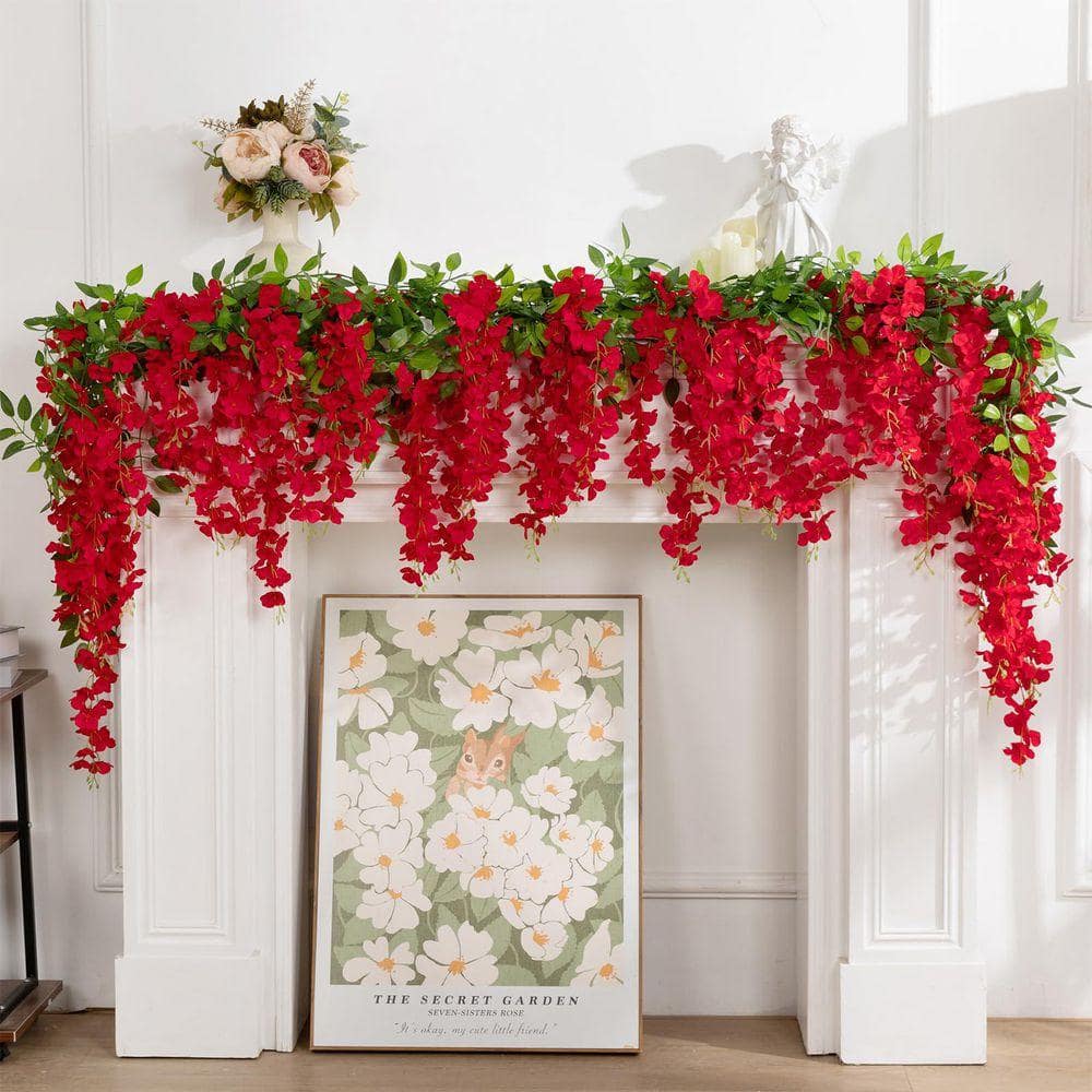 86.6 in. Red Indoor/Outdoor Artificial Wisteria Hanging Flowers