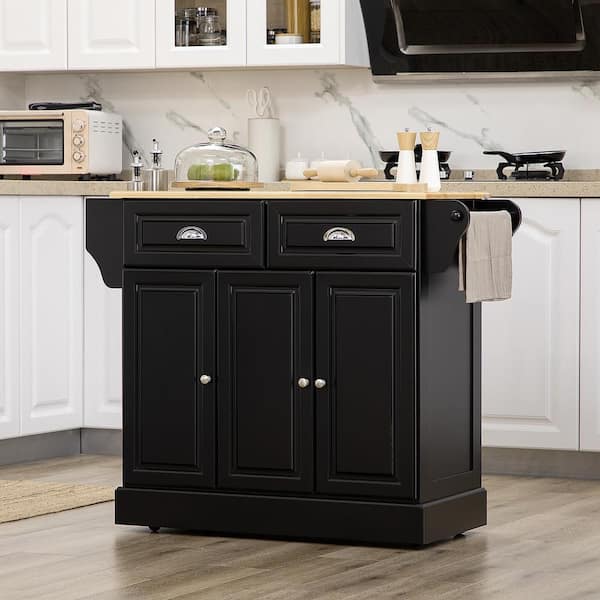 Black Wood 43.3 in. Kitchen Island with 2 Drawers, 3 Cabinets, Towel Rack and Spice Stand
