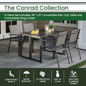 Conrad Gray 5-Piece Aluminum Outdoor Dining Set with 4 Stackable Sling Chairs and Convertible Slatted Table