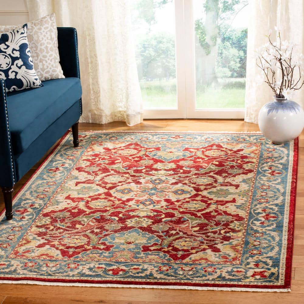 Red and Blue Floral Synthetic Rectangular Area Rug