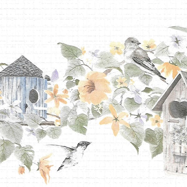 Dundee Deco Falkirk Dandy II Green Yellow Flowers and Bird Houses Floral Peel and Stick Wallpaper Border