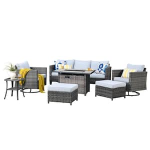 New Star Gray 7-Piece Wicker Patio Rectangle Fire Pit Conversation Set with Gray Cushions and Swivel Chairs