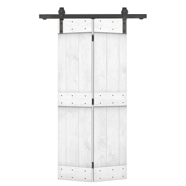 CALHOME 38 in. x 84 in. Mid-Bar Pre Assembled White Stained Wood Solid Core Bi-Fold Barn Door with Sliding Hardware Kit